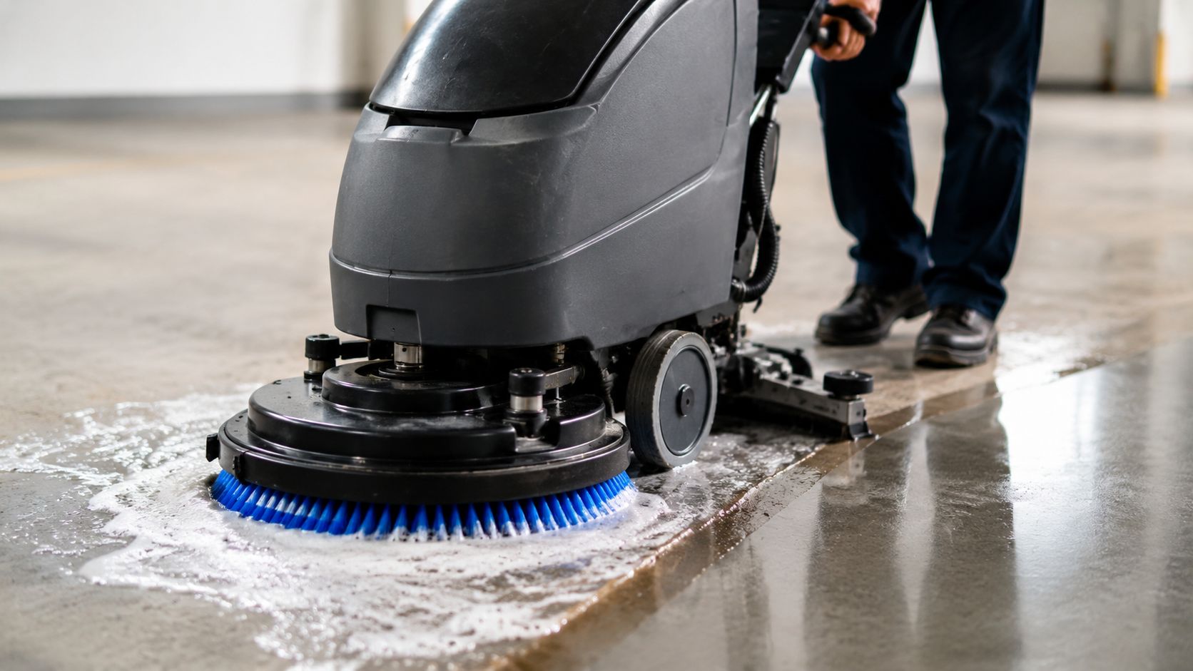 En person rengør et stort betongulv i en industrihal med en professionel elektrisk gulvvaskemaskine med blå børster.
