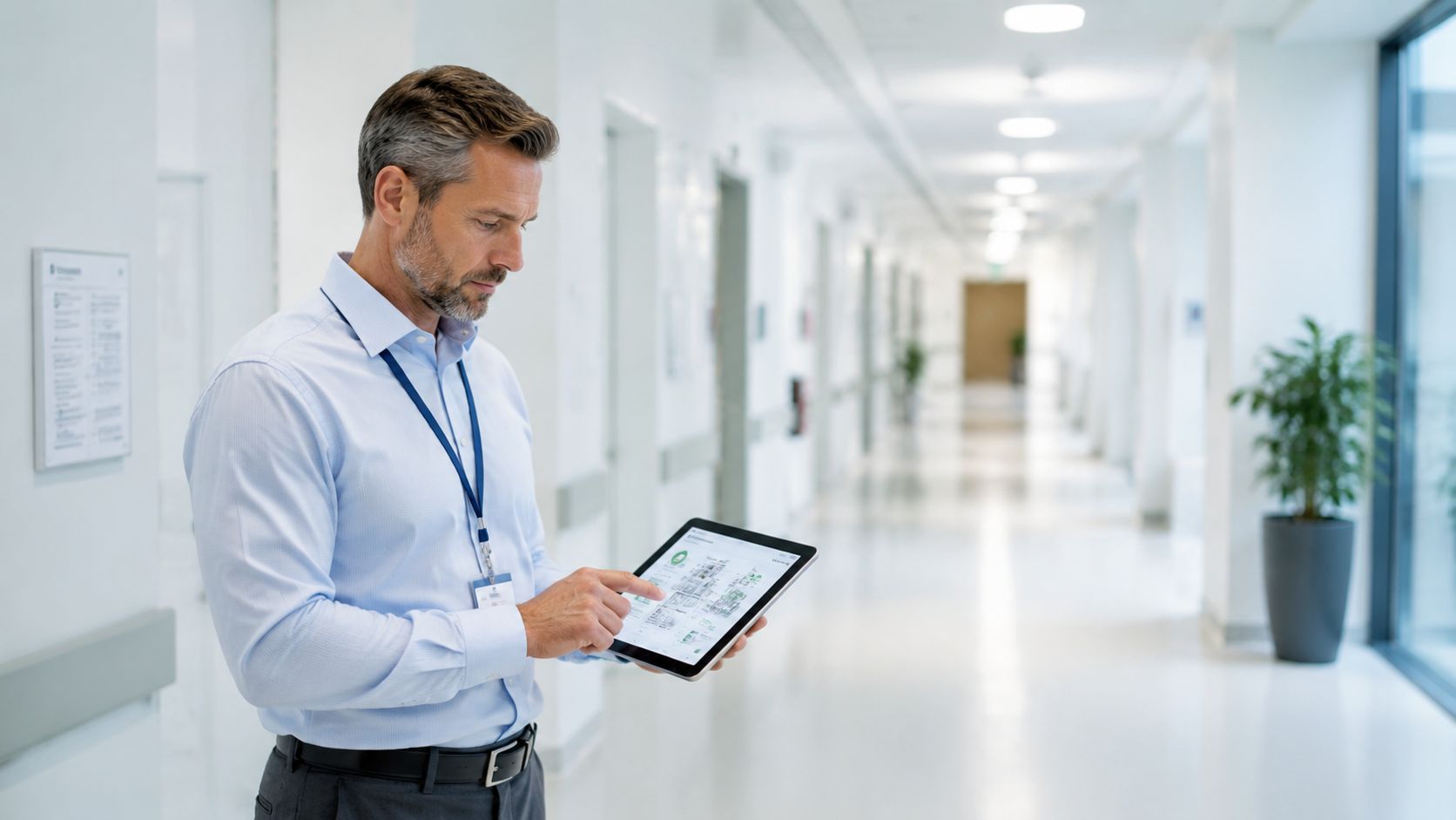 En professionel mandlig inspektør i skjorte gennemgår rengøringsplaner på en tablet i en moderne hospitalsgang.