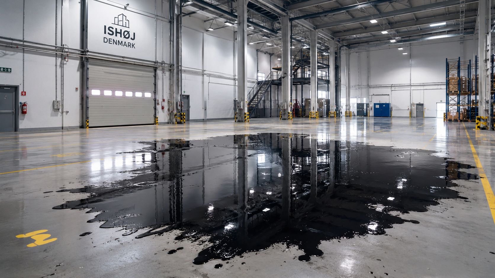 Et stort spild af sort væske på et betonlagers gulv i en lagerhal i Ishøj, Danmark.