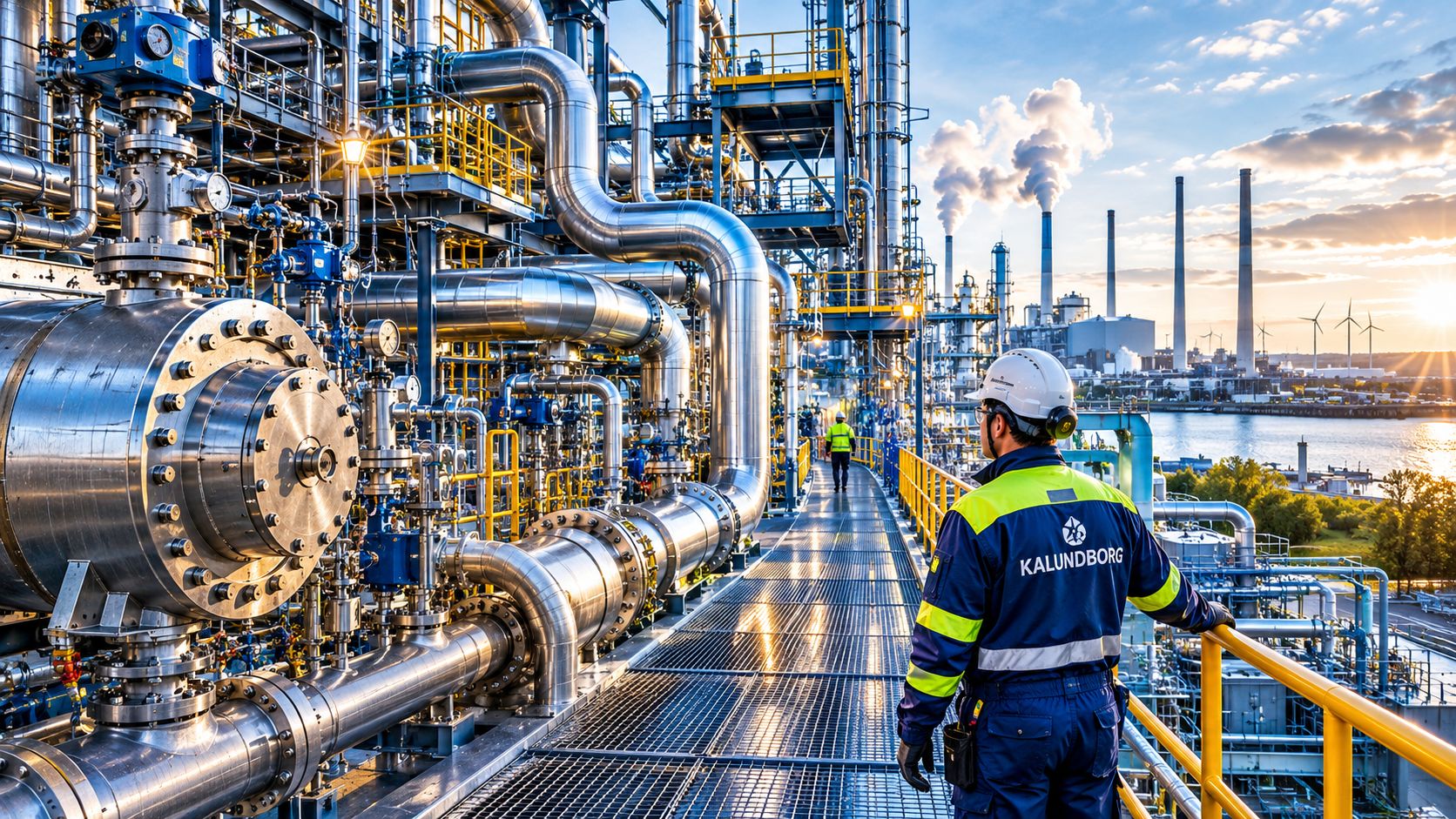 En ingeniør i arbejdstøj inspicerer et stort industrianlæg med rørledninger og skorstene ved Kalundborg havn.