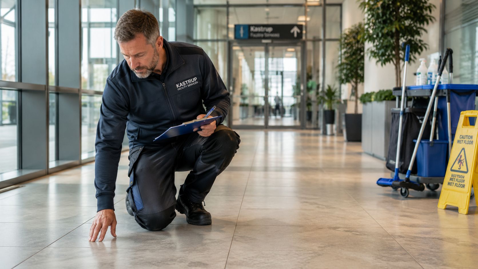 Mand udfører akut gulvrengøring i et erhvervsområde.