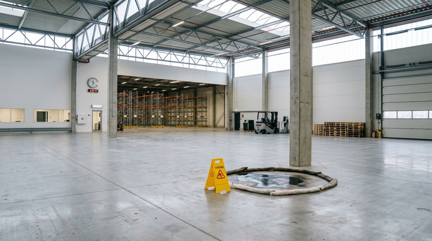 Indendørs industrielt gulv under akut gulvvask i Kastrup.