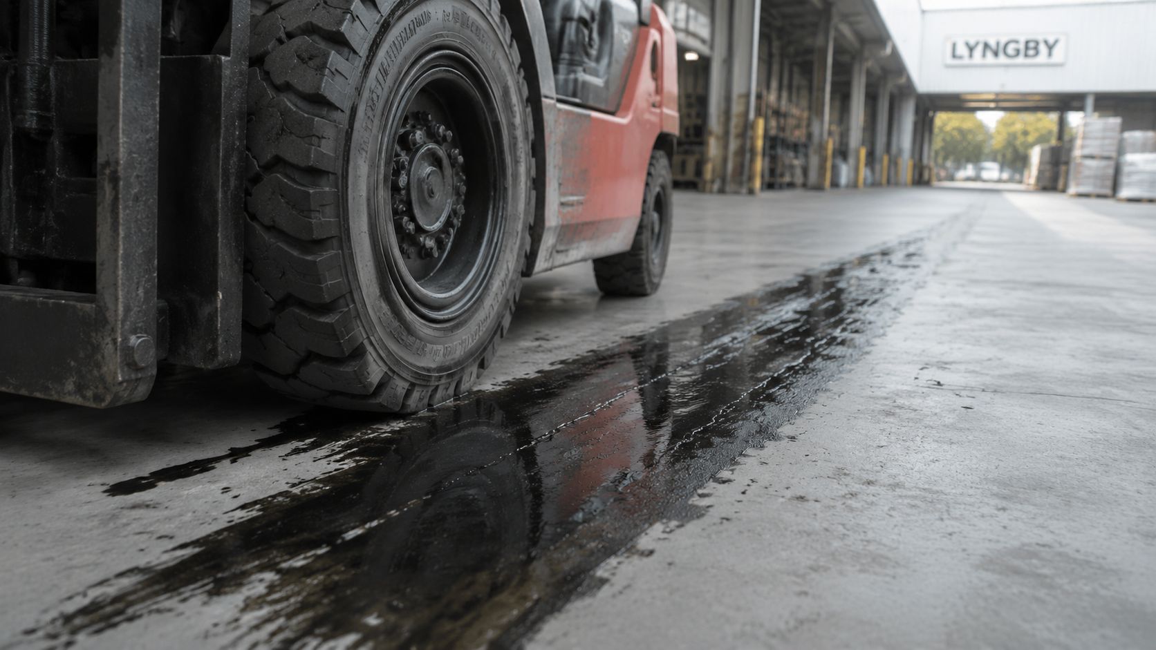 En gaffeltruck efterlader et stort olieudslip på et betonlagergulv i en industrihal i Lyngby.