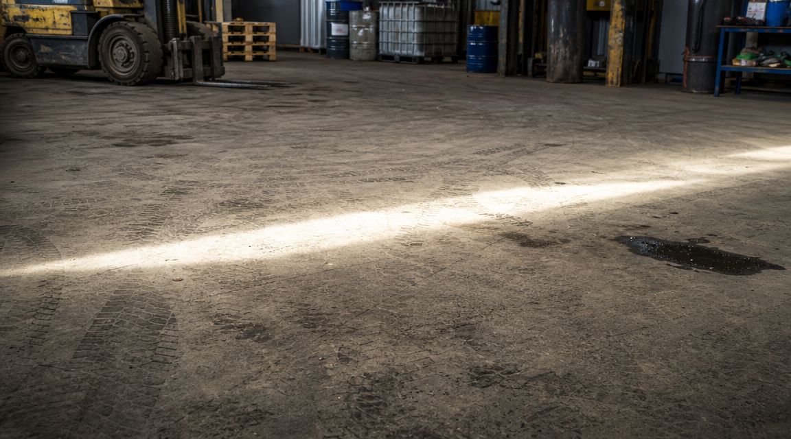 Beskidt betonindustrigulv i en lagerhal med synlige dækaftryk fra en gaffeltruck og en plet af spildt olie.