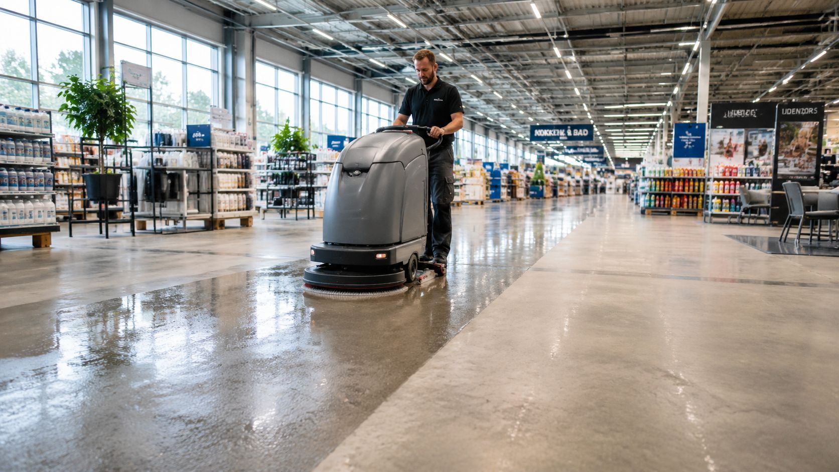 Professionel gulvvaskemaskine til akut gulvrengøring i butik.