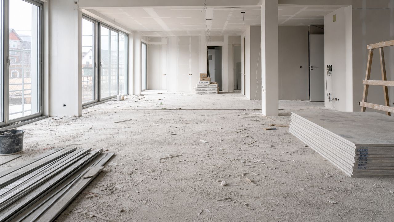 En uafsluttet lejlighed under renovering med gipsplader, byggematerialer og støvet gulv i et lyst rum.