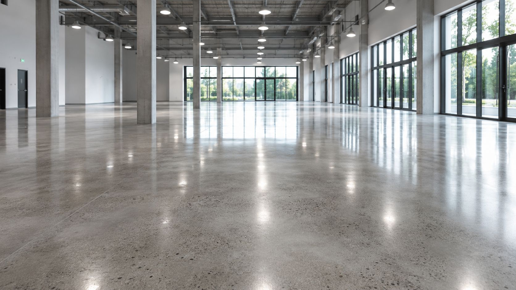Et lyst og moderne lagerlokale med et flot, skinnende og nybehandlet poleret betongulv i en industriel bygning.