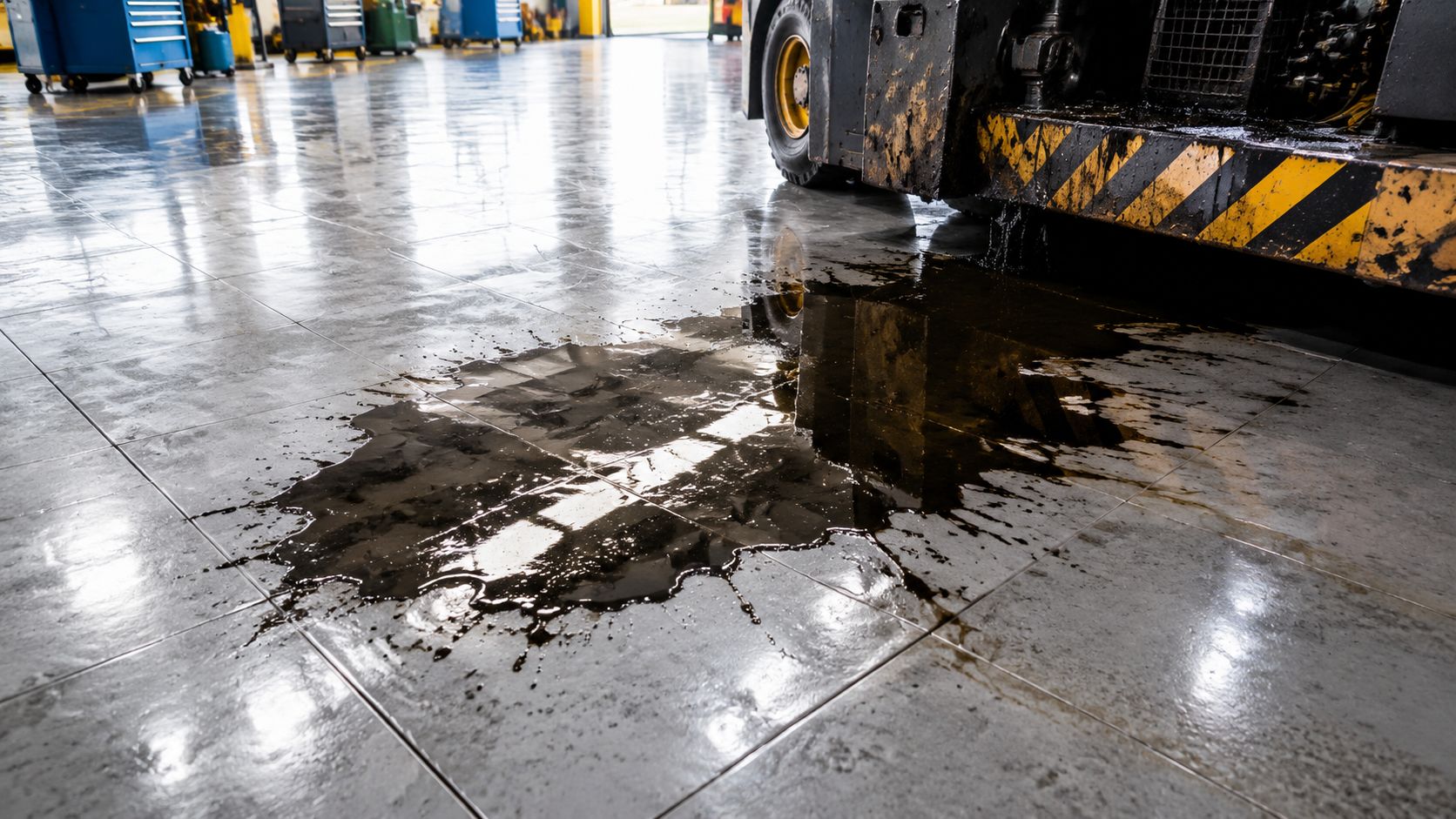 En stor plet af sort spildt motorolie på et flisegulv i et værksted tæt på en gaffeltruck.