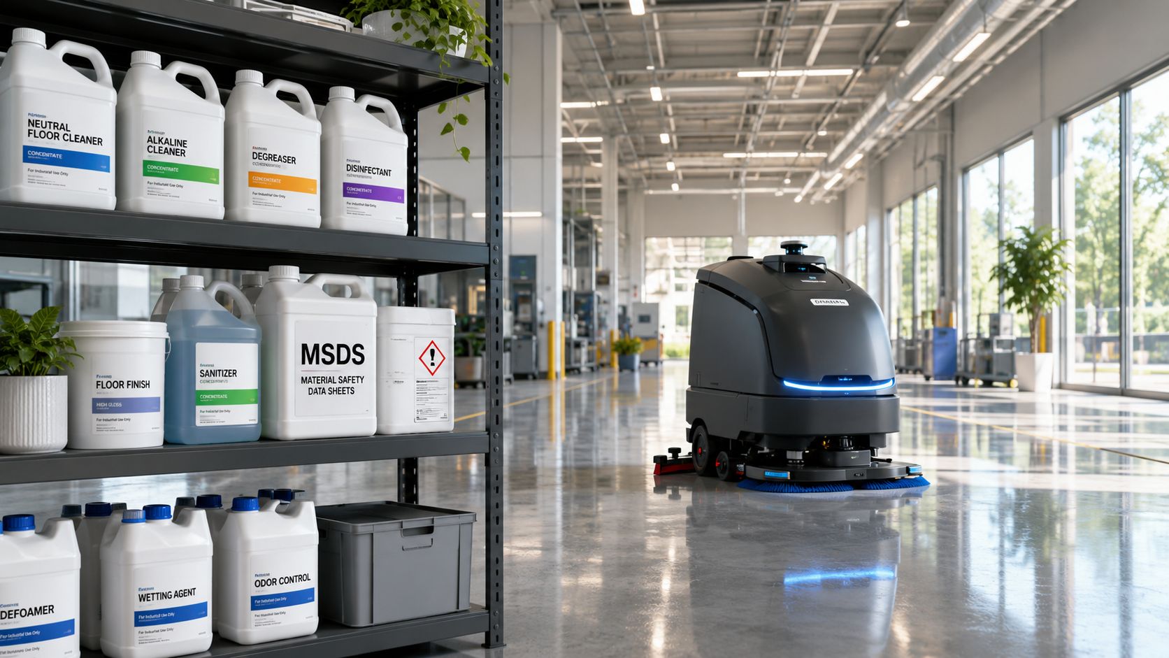 Robotgulvvasker rengør gulv i stor industriel hal til akut gulvrengøring.