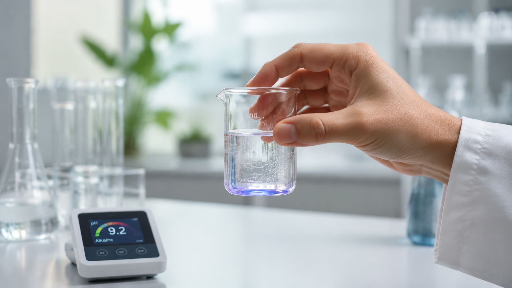 En videnskabsmand holder et bægerglas med alkalisk væske ved siden af en digital pH-måler i et laboratorie.