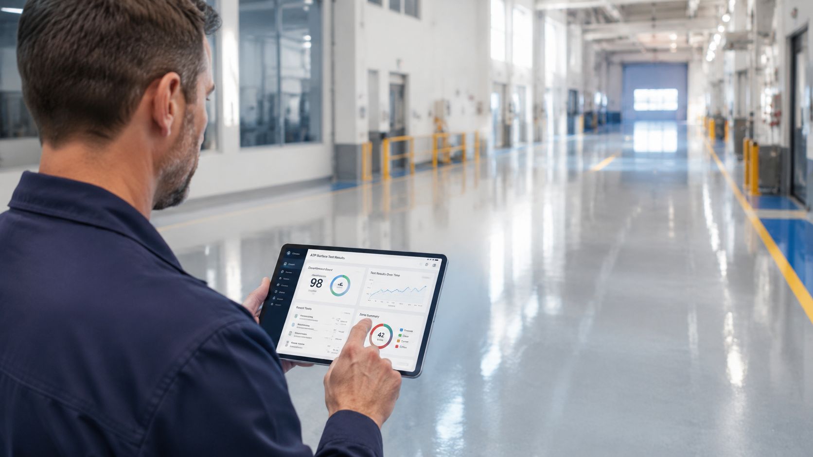 En mand i arbejdstøj inspicerer ATP-testresultater på en tablet i et moderne og lyst industrilokale.