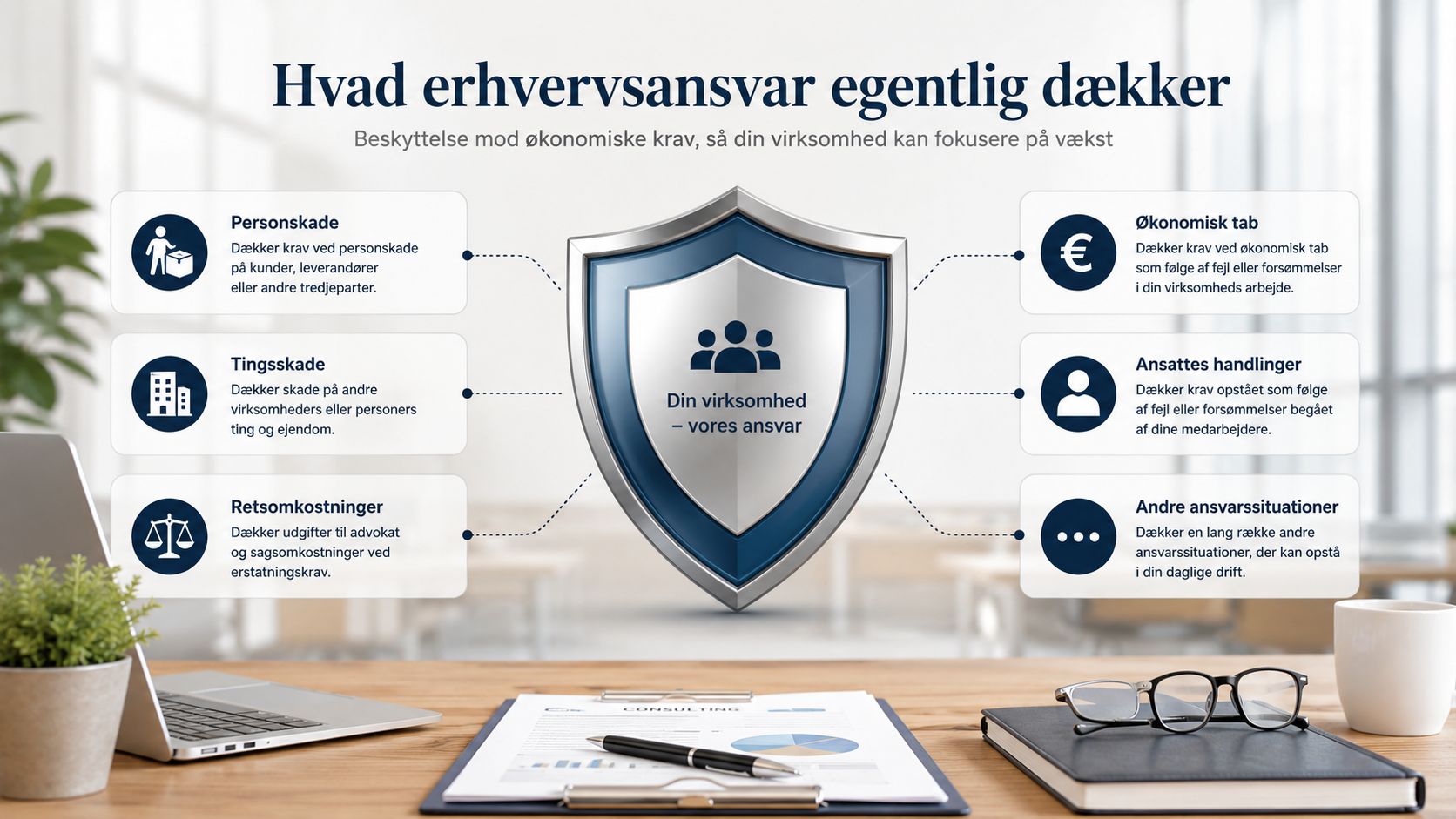Grafik der forklarer hvad erhvervsansvarsforsikring dækker, herunder personskade, tingsskade, retsomkostninger, økonomisk tab og ansattes handlinger.