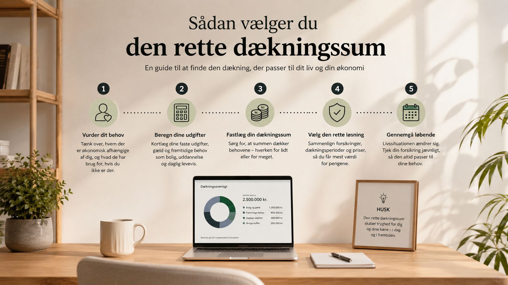 En visuel guide med fem trin til at beregne og vælge den rette dækningssum for din forsikring.
