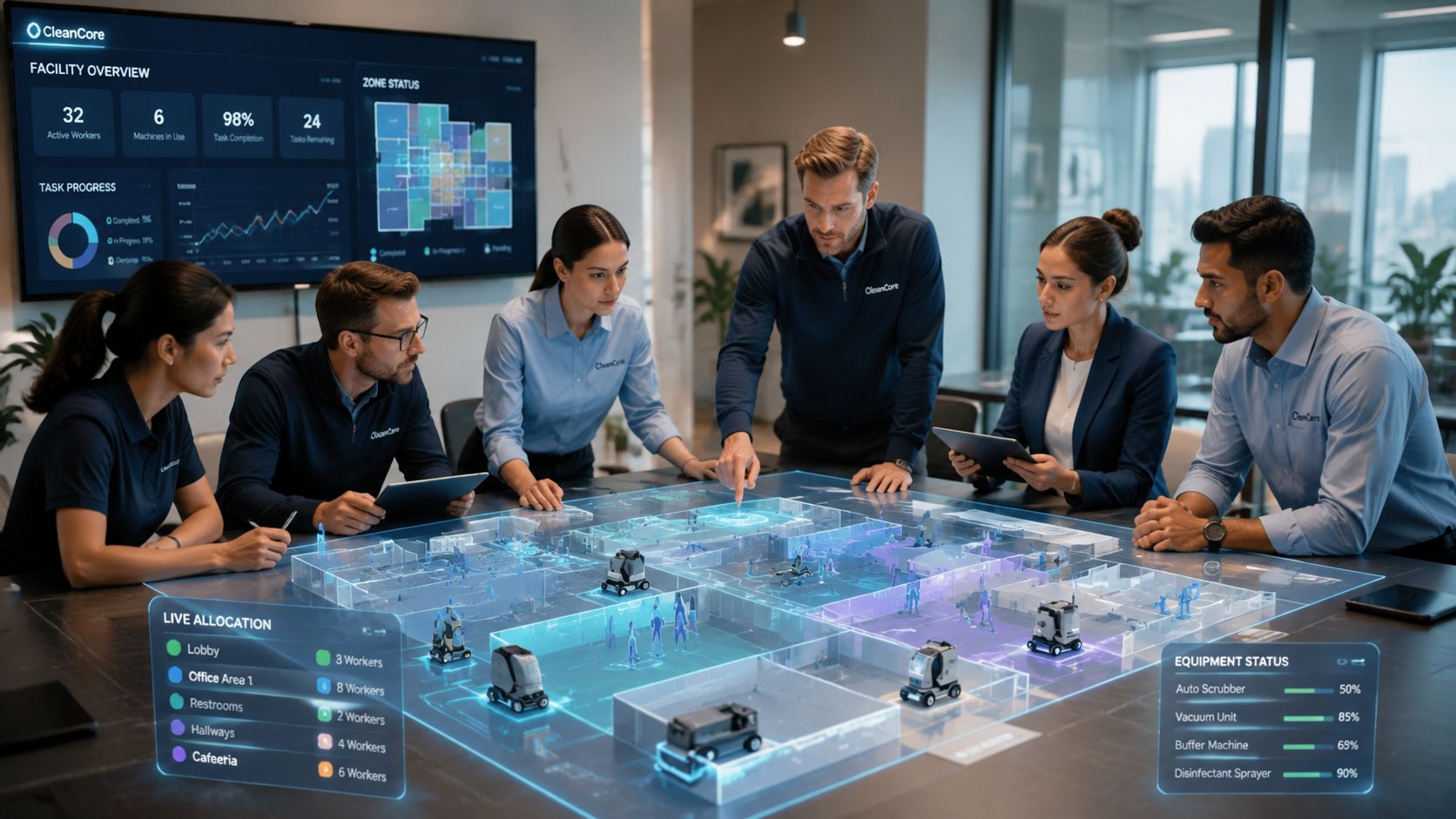 Team af medarbejdere planlægger rengøring af faciliteter ved hjælp af et avanceret interaktivt digitalt kort over bygningen.