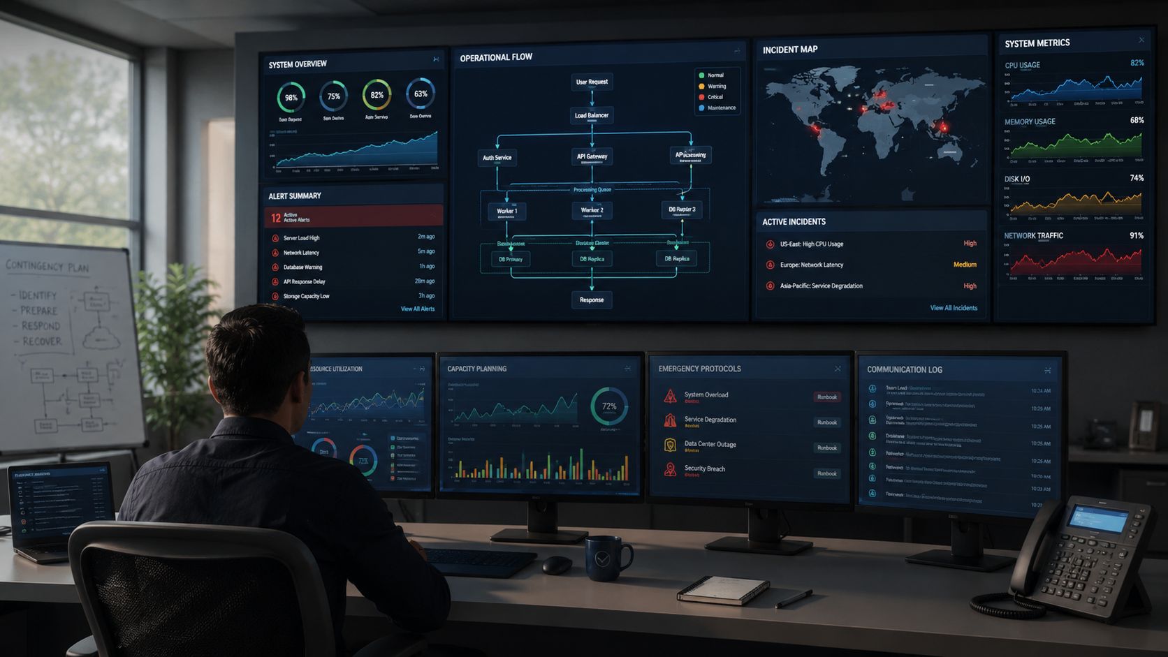 En IT-tekniker sidder ved et skrivebord foran adskillige skærme med avancerede systemovervågningsdata og IT-infrastrukturovervågning.