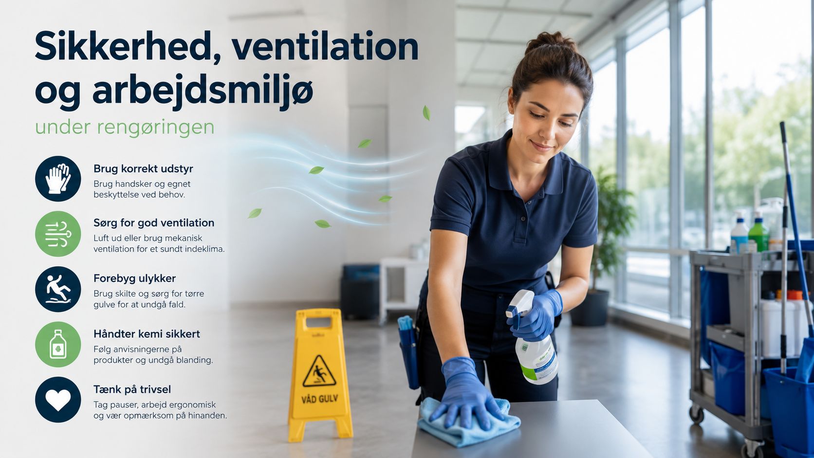 En professionel rengøringsassistent følger sikkerhedsinstruktioner for et sikkert arbejdsmiljø under rengøring på et kontor.