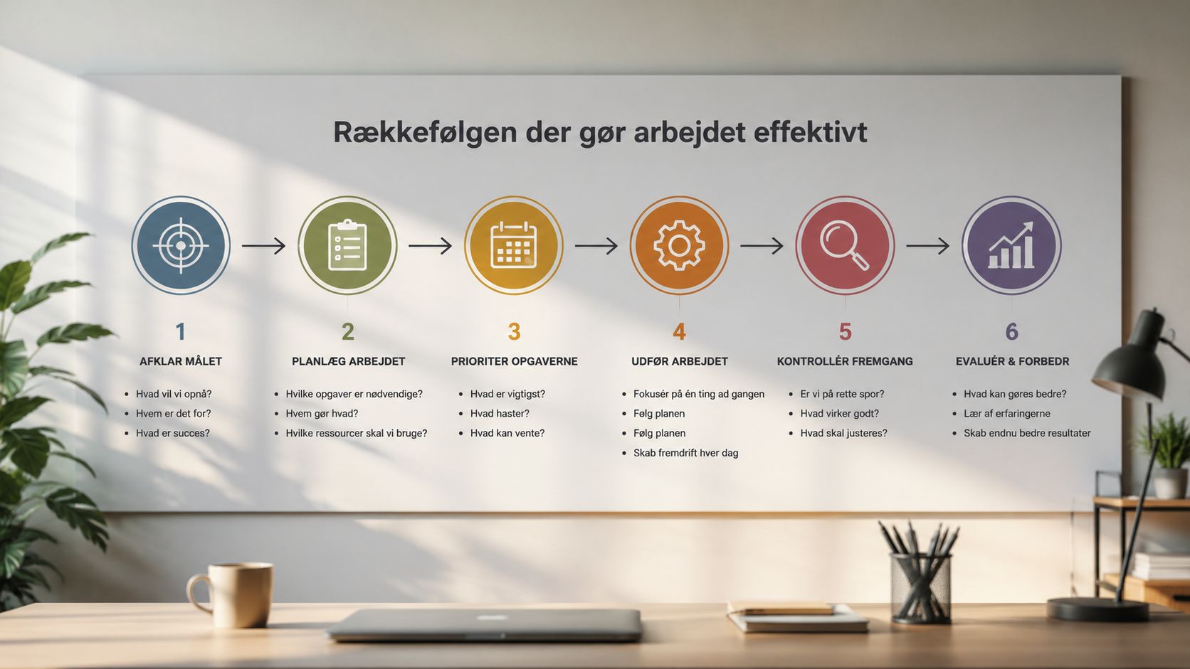 En oversigt over seks trin til effektivt arbejdsprocesser, præsenteret som en visuel guide på en væg.