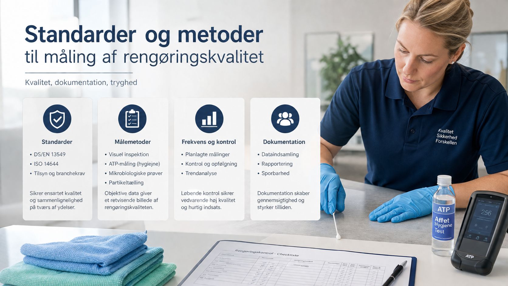 En professionel medarbejder udfører kvalitetskontrol af rengøring ved brug af ATP-test og dokumentation i et hygiejnefokusset miljø.