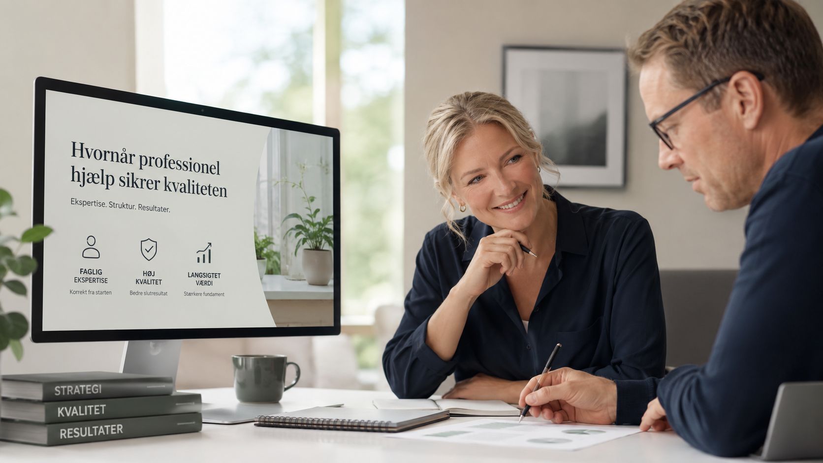 En kvinde og en mand diskuterer professionel kvalitetsstyring og resultater ved et skrivebord med en computerskærm.