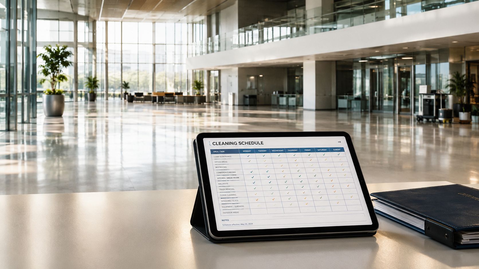 En tablet med en rengøringsplan placeret på et skrivebord foran en moderne kontorbygning med store glasvinduer.