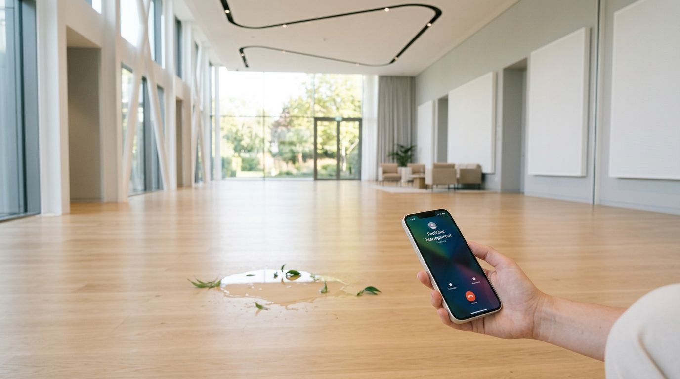 En person holder en telefon med et opkald fra facility management ved siden af et spildt vandpyt på gulvet.