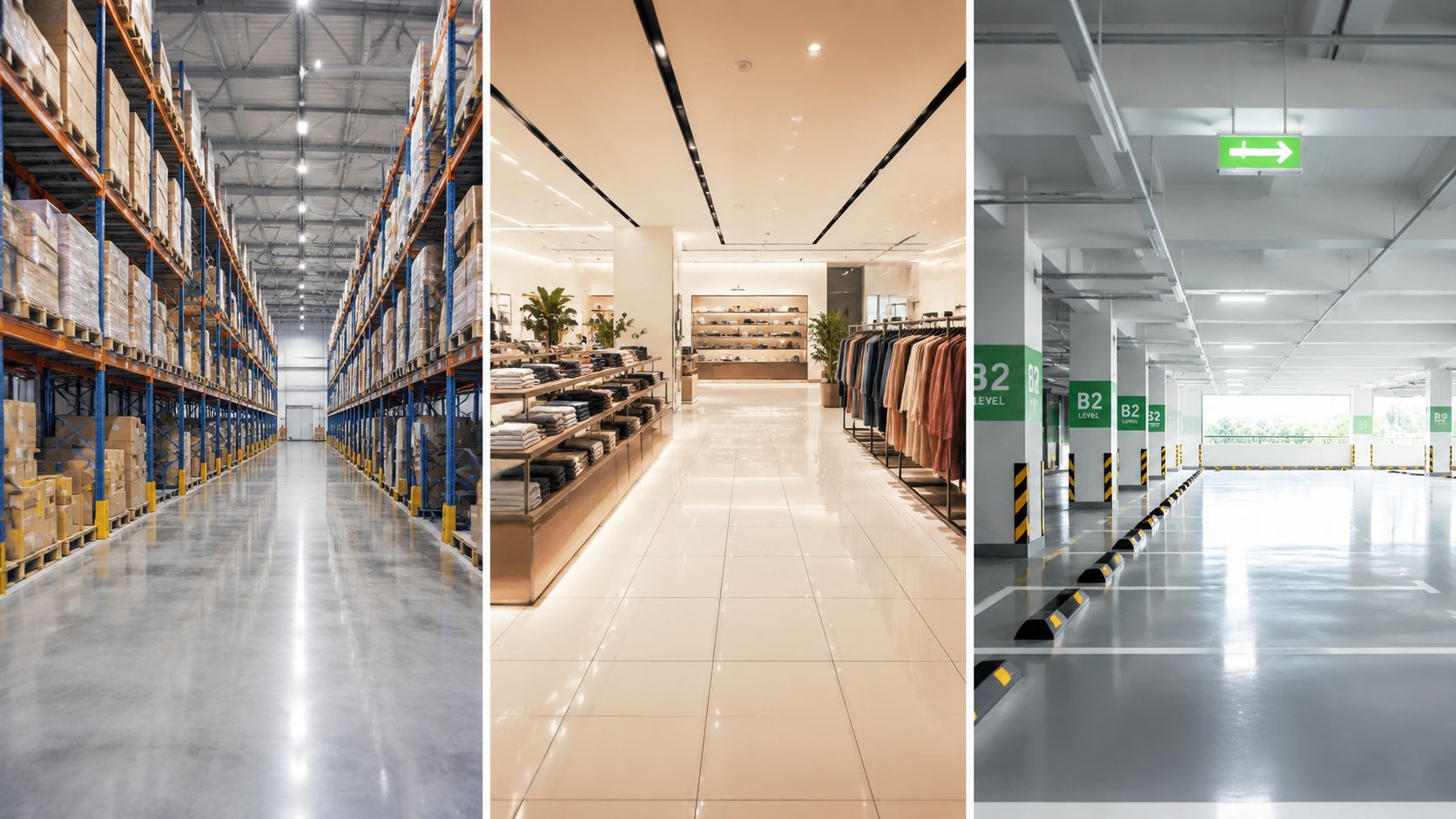 En kollage der viser tre forskellige rumtyper: et stort lager, en moderne tøjbutik og en parkeringskælder.