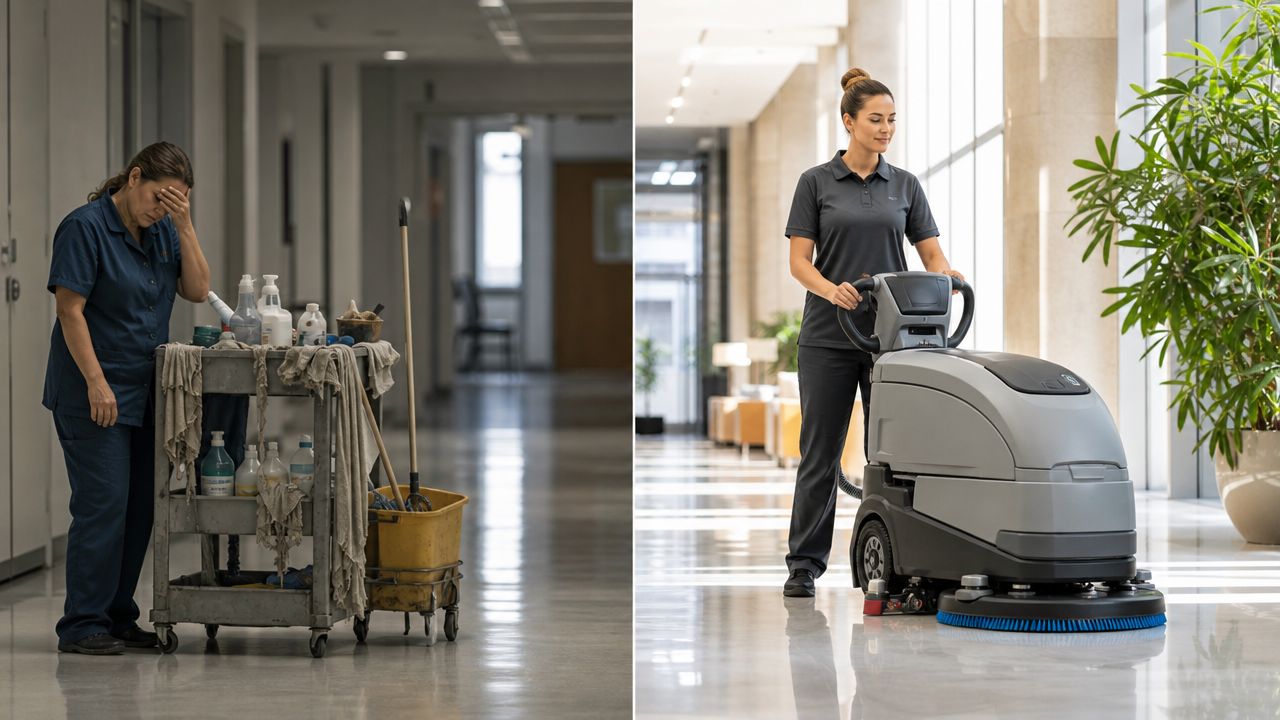 En sammenligning af manuel rengøring på et hospital og moderne gulvvask med professionelt rengøringsudstyr i en kontorbygning.