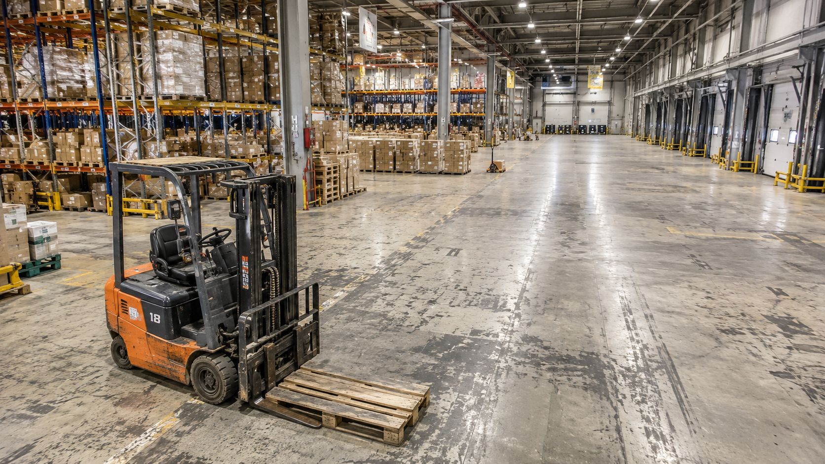 En orange gaffeltruck parkeret på gulvet i et stort, moderne distributionscenter med høje reoler fyldt med varer.