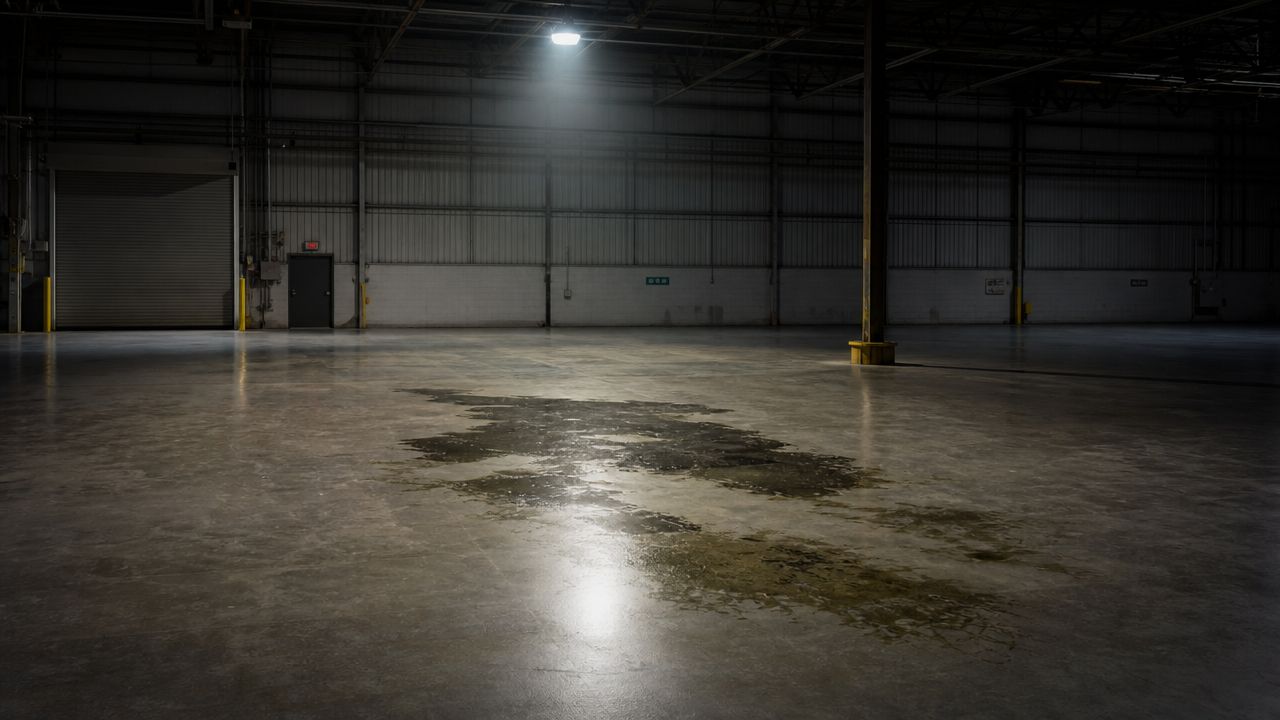 Et tomt og oplyst lagerlokale med et stort mørkt plet på det glatte betongulv under loftlyset.