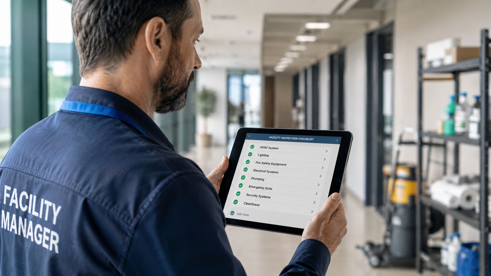 En ejendomsinspektør holder en tablet, der viser en digital tjekliste til eftersyn af faciliteter på et kontor.