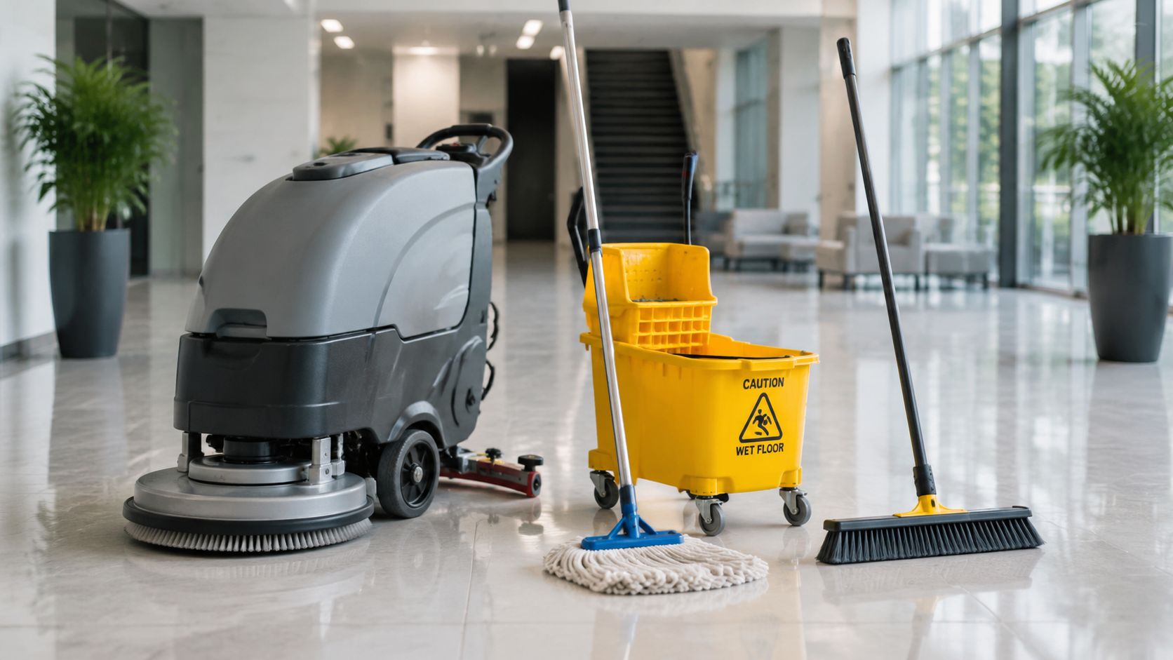 Professionelt rengøringsudstyr til gulve, herunder en gulvvaskemaskine, en moppespand og en kost i en kontorbygning.