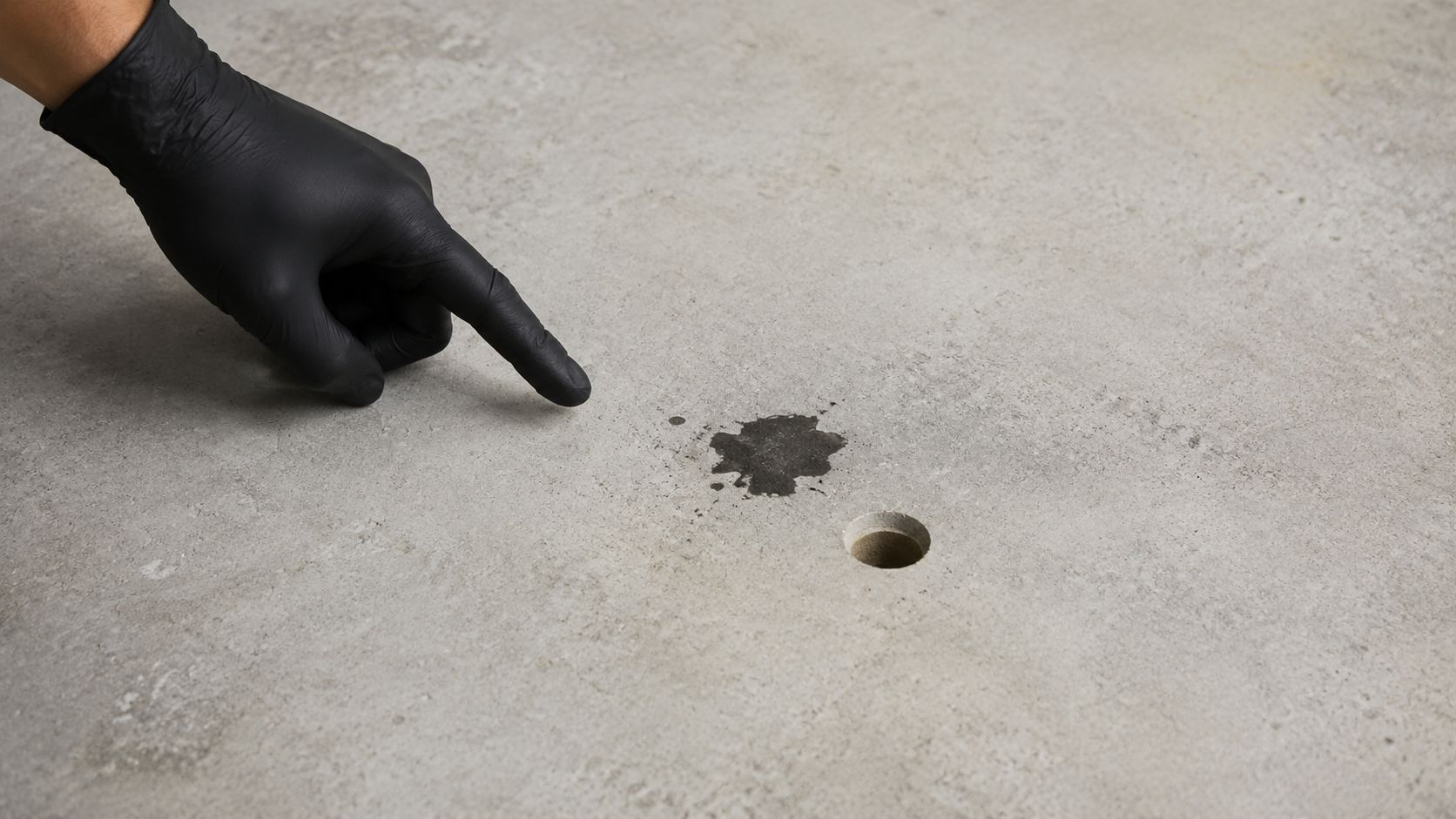 En person med sort handske peger på en våd plet på et betongulv ved siden af et borehul.