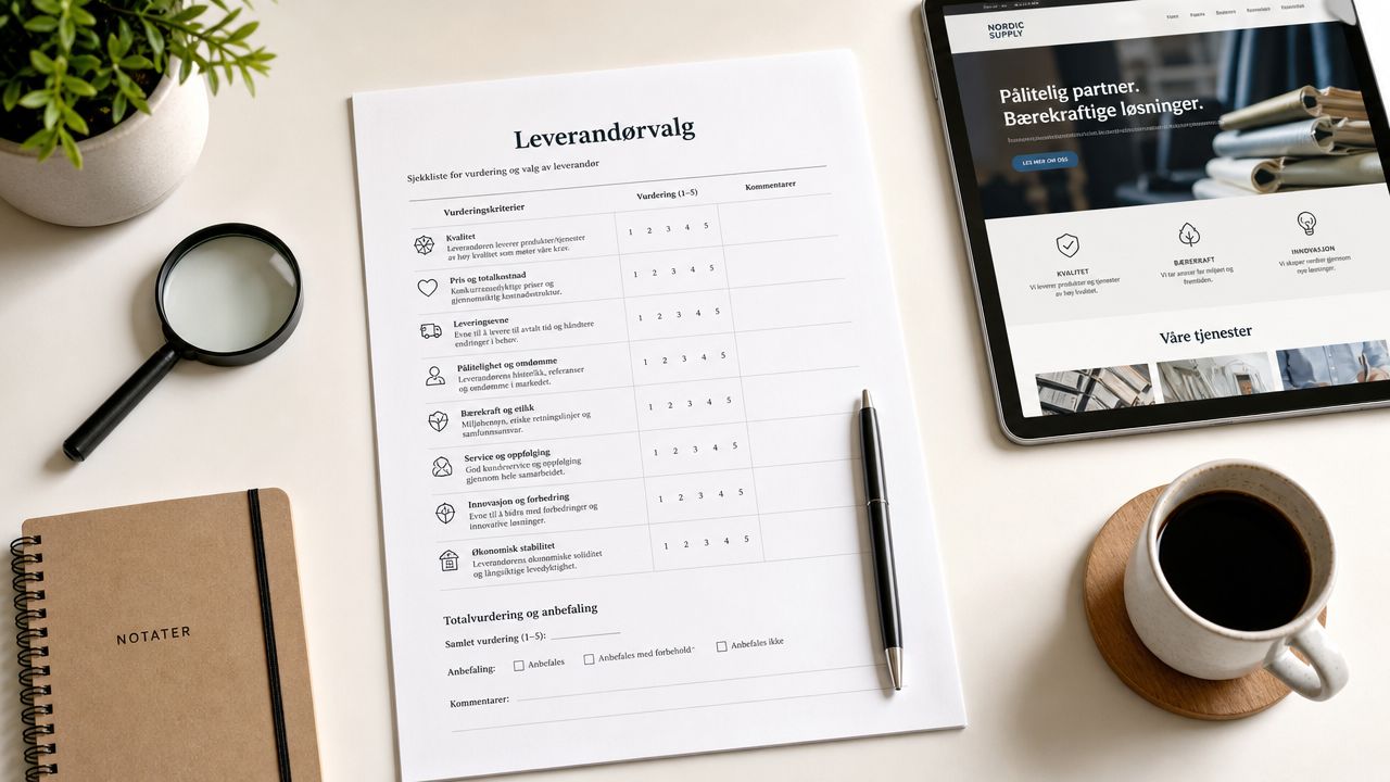 Et skrivebord med et leverandørvalg-ark, en lup, en notesbog, en kop kaffe og en tablet.