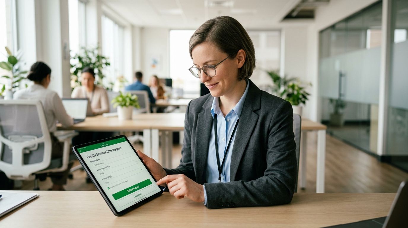 En professionel kvinde i jakkesæt der udfylder en serviceanmodning på en tablet ved sit skrivebord på kontoret.