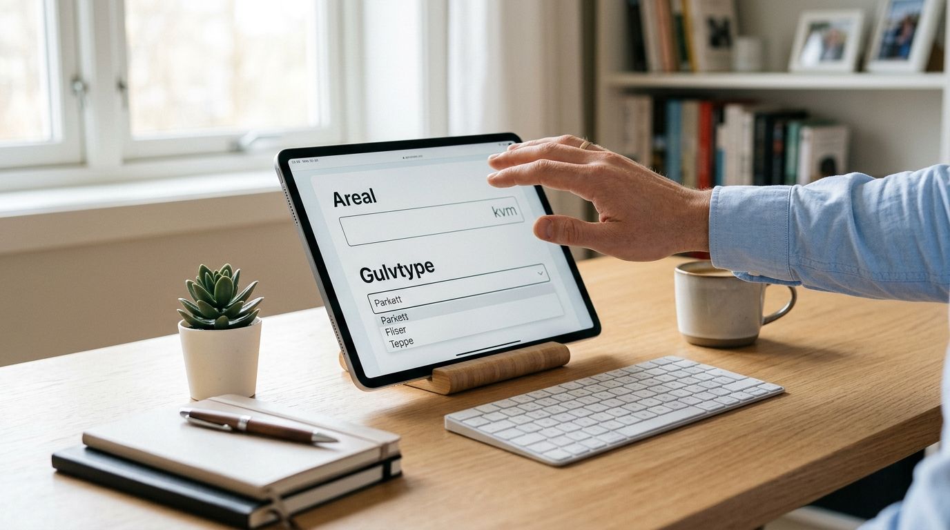 En person bruger en tablet med en formular til at indtaste areal og gulvtype for et gulvprojekt.