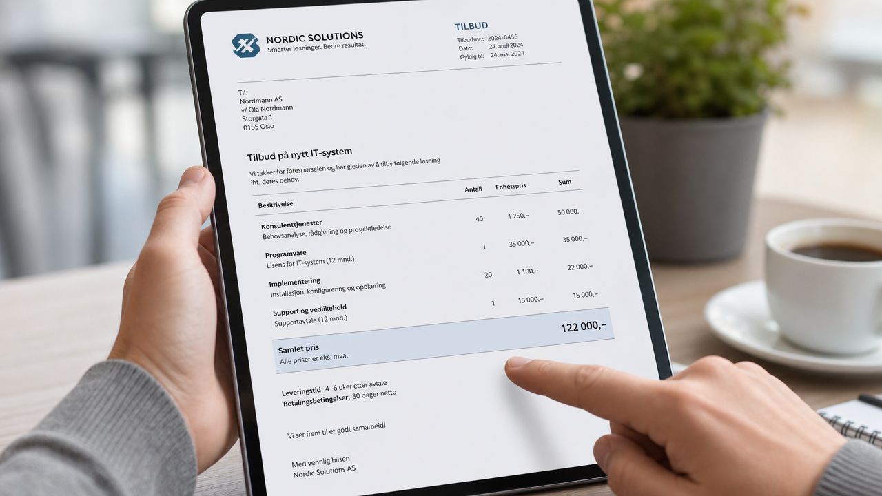 En person holder en tablet, der viser et forretningstilbud fra Nordic Solutions på en moderne kontorplads.