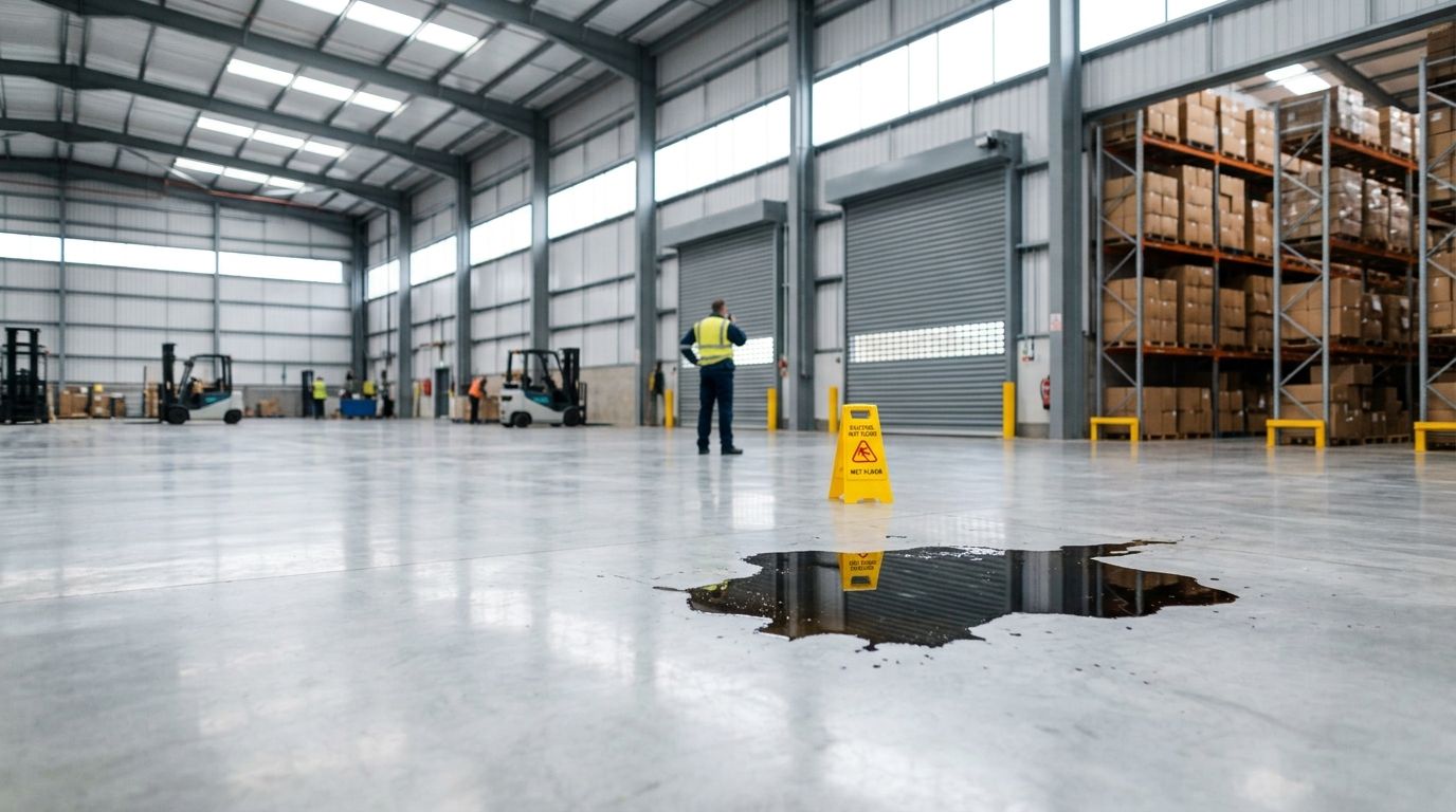 En industrihal med en gul advarselstavle og en vandpyt på det blanke betongulv under lagerreoler.