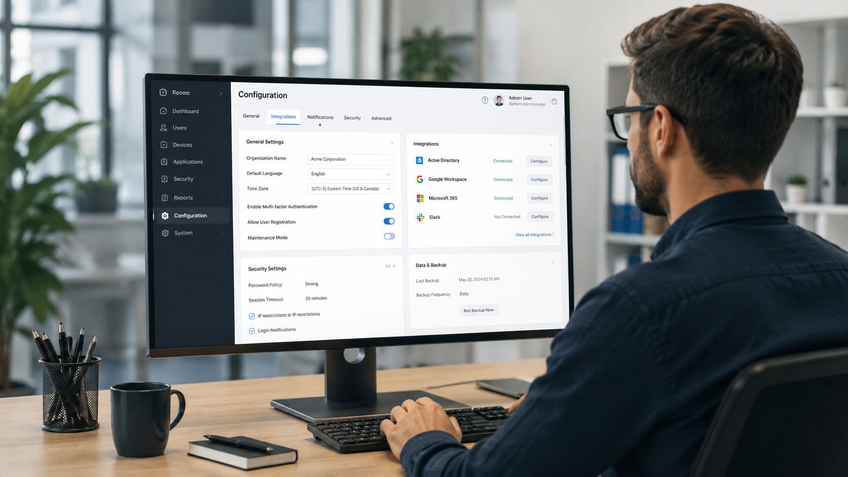 En it-administrator arbejder på en computer med et konfigurationspanel for et online bookingsystem vist på skærmen.