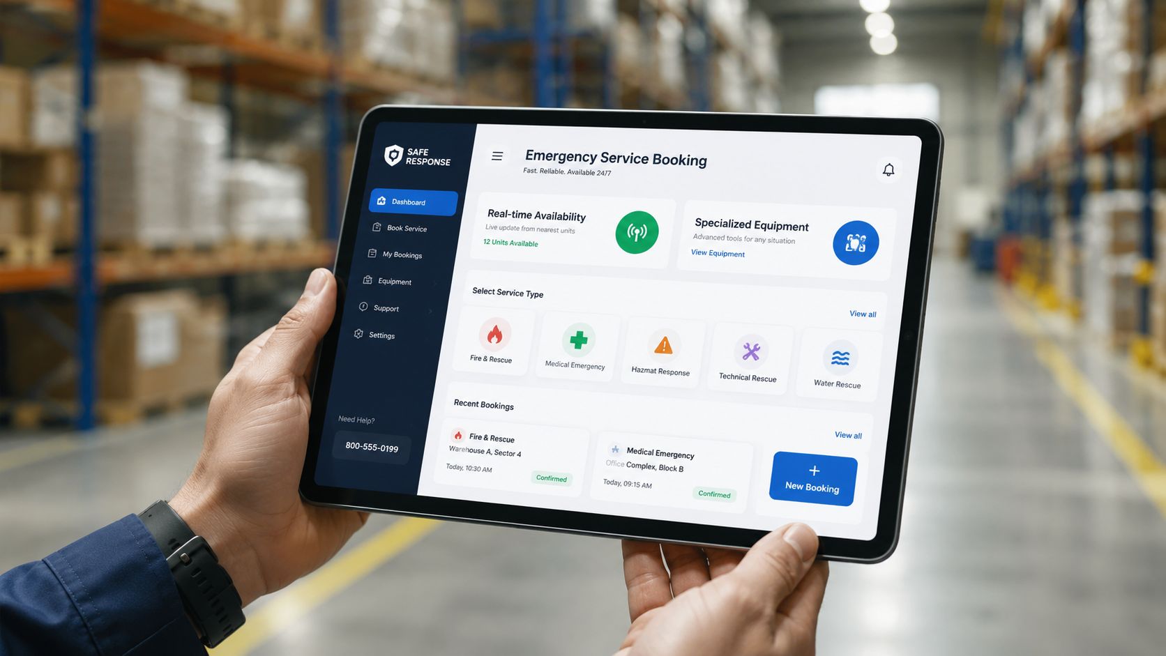 En person holder en tablet med en online bookingside til akutberedskab i et lagerområde.
