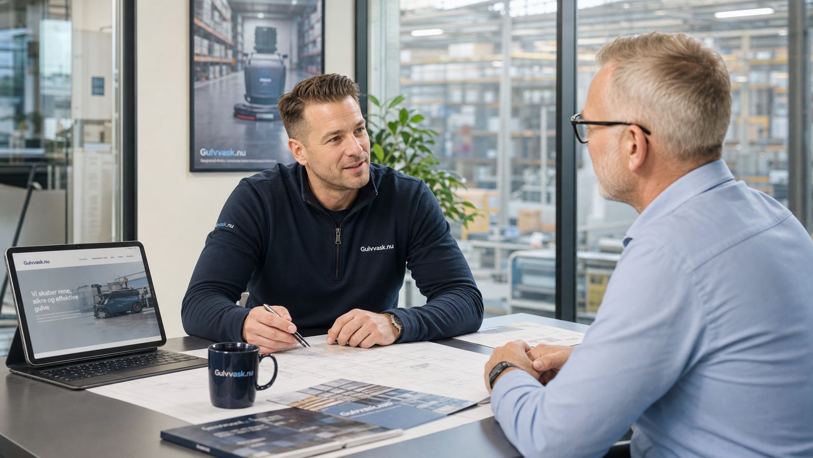 To mænd sidder ved et bord og drøfter gulvløsninger med personlig rådgivning og dokumentation på et kontor.