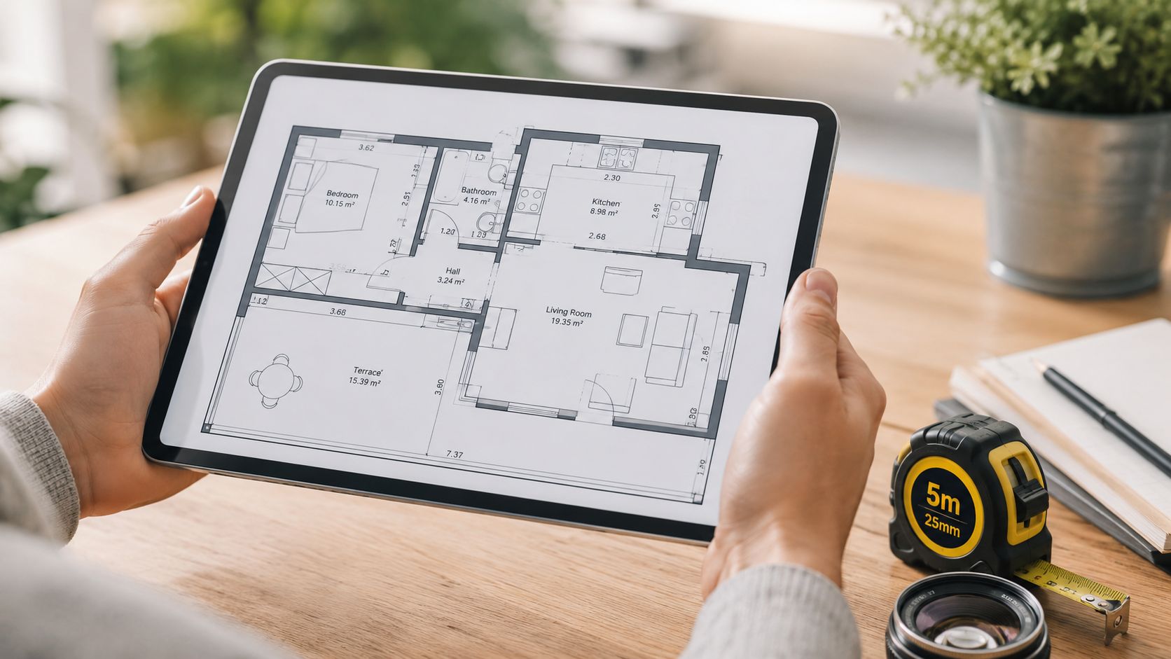 En person der holder en tablet med en arkitekttegning af en lejlighed over et træbord.
