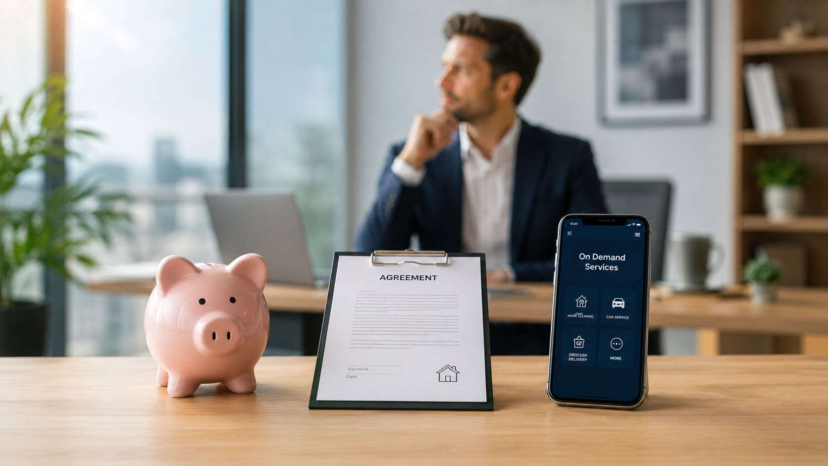 En mand i jakkesæt arbejder på et kontor med en sparegris, en kontrakt og en smartphone med tjenester.
