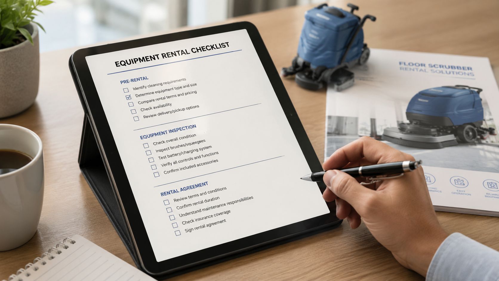 En person bruger en pen på en tablet med en tjekliste til leje af udstyr til gulvvask.