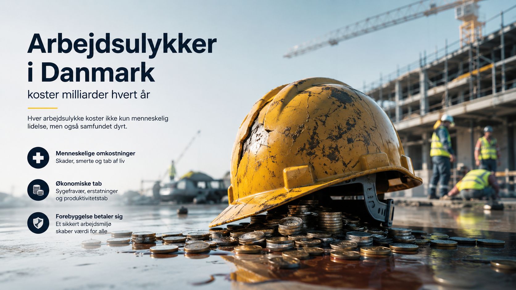 En gul byggehjelm placeret oven på en bunke mønter foran en byggeplads, illustrerer arbejdsmiljø og økonomiske konsekvenser.