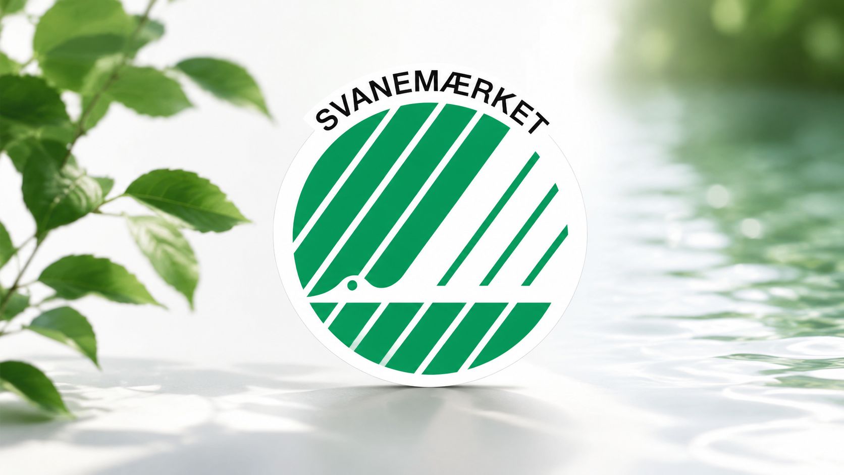 Det grønne Svanemærket-logo placeret på et lyst, miljøvenligt baggrundsmiljø med blade og vand.