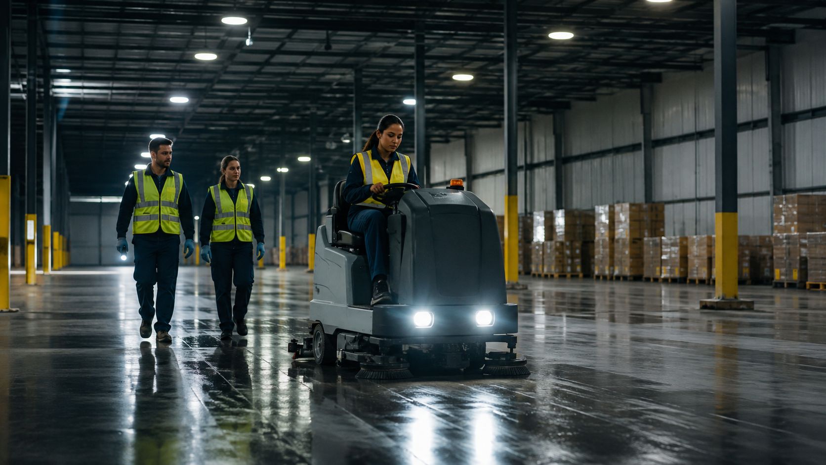 Tre medarbejdere i sikkerhedsveste arbejder med en gulvvaskemaskine i et stort, lyst lager med mange papkasser.