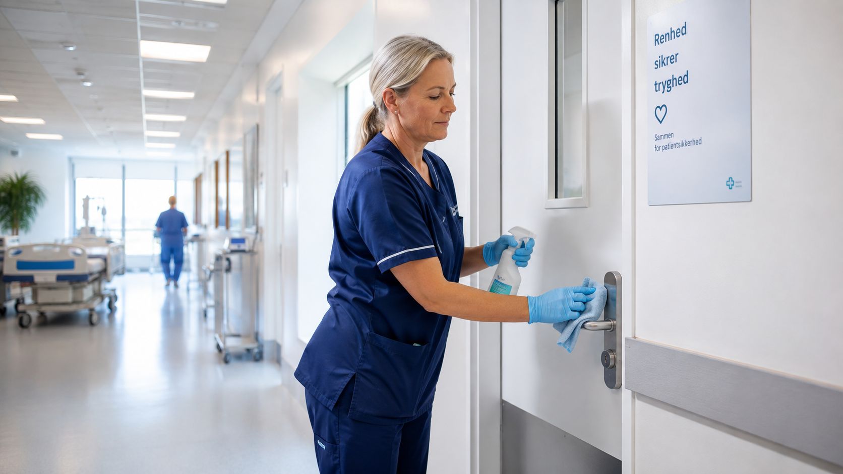 En sygeplejerske i blå uniform rengør og desinficerer et dørhåndtag på en hospitalsafdeling for at sikre hygiejne.
