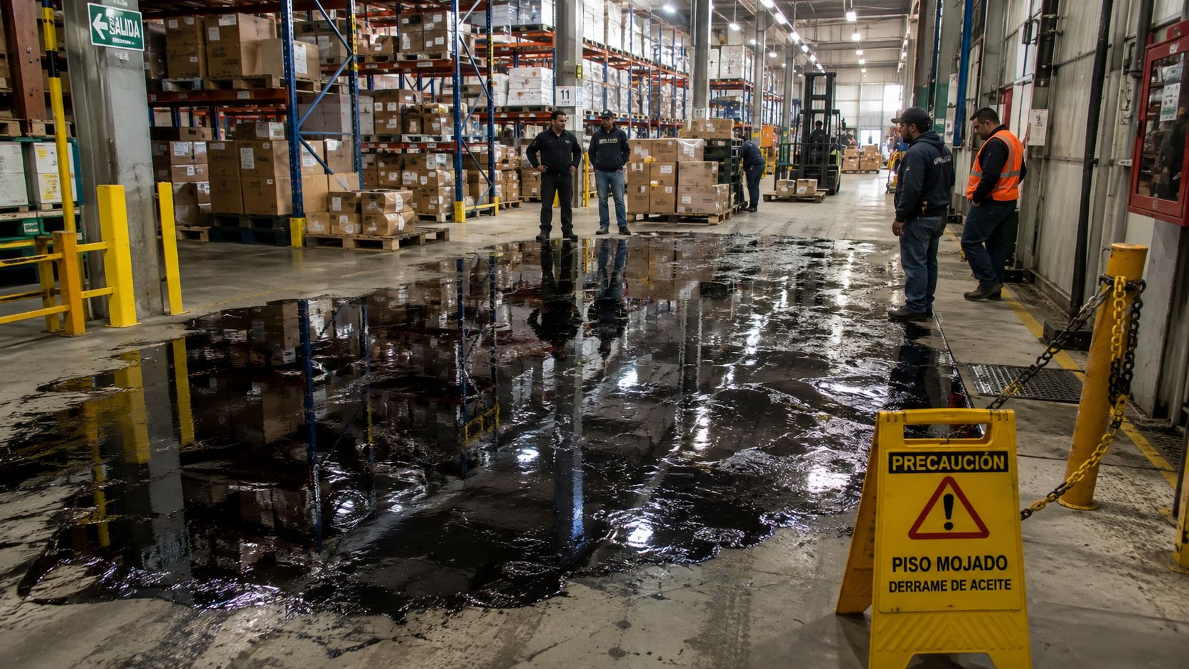 Arbejdere står nær en stor olieudslip i et lagerområde med et advarselsskilt på betongulvet.