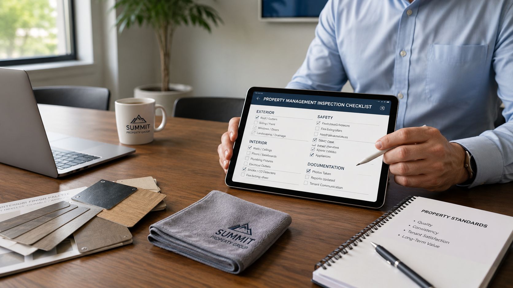 En ejendomsadministrator gennemgår en digital tjekliste til ejendomsinspektion på en tablet ved et velorganiseret skrivebord.