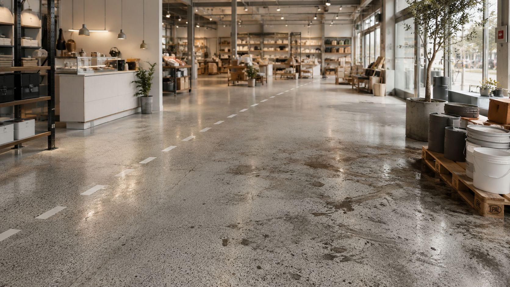 Et rummeligt showroom med et flot terrazzo gulv, der viser moderne indretning og polerede betonoverflader i butikken.